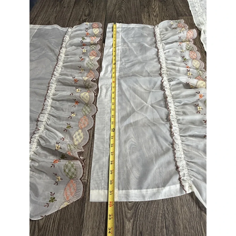 Embroidered Sheer Café Tier Curtains 17pc White Floral Scalloped‎ Country Set